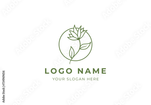 Logo line botanical flower branch in circle. Logo boho, floral, line handrawn. editable file