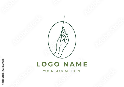 Logo Hand hold Accupunture needle or pin. Classic, boho, vintage logo design. Editable color