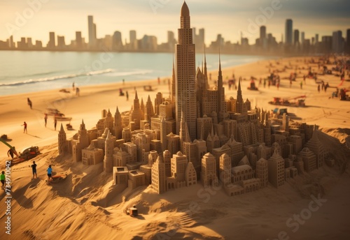 Sand Castle on Beach With City in Background photo