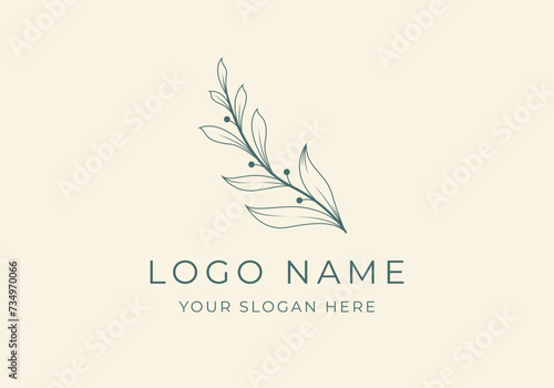 Logo Branch and Leaf line art. Botanical, minimalist, classic, handrawn logo design. Editable color photo