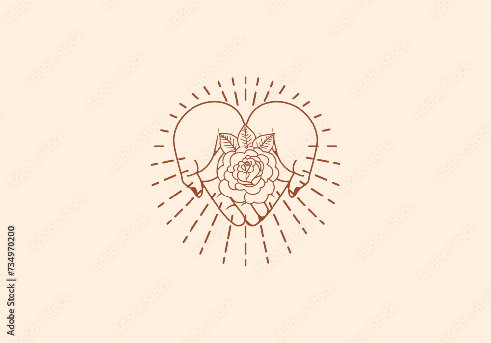 Logo Line Open Hand Looking Up or Asking or Pray With Rose Flower concept, Rose, Botanical Logo Concept. Boho, Line, handrawn logo design, editable color Logo Line Open Hand Looking Up or Asking or Pray With Rose Flower concept, Rose, Botanical Logo Concept. Boho, Line, handrawn logo design, editable color