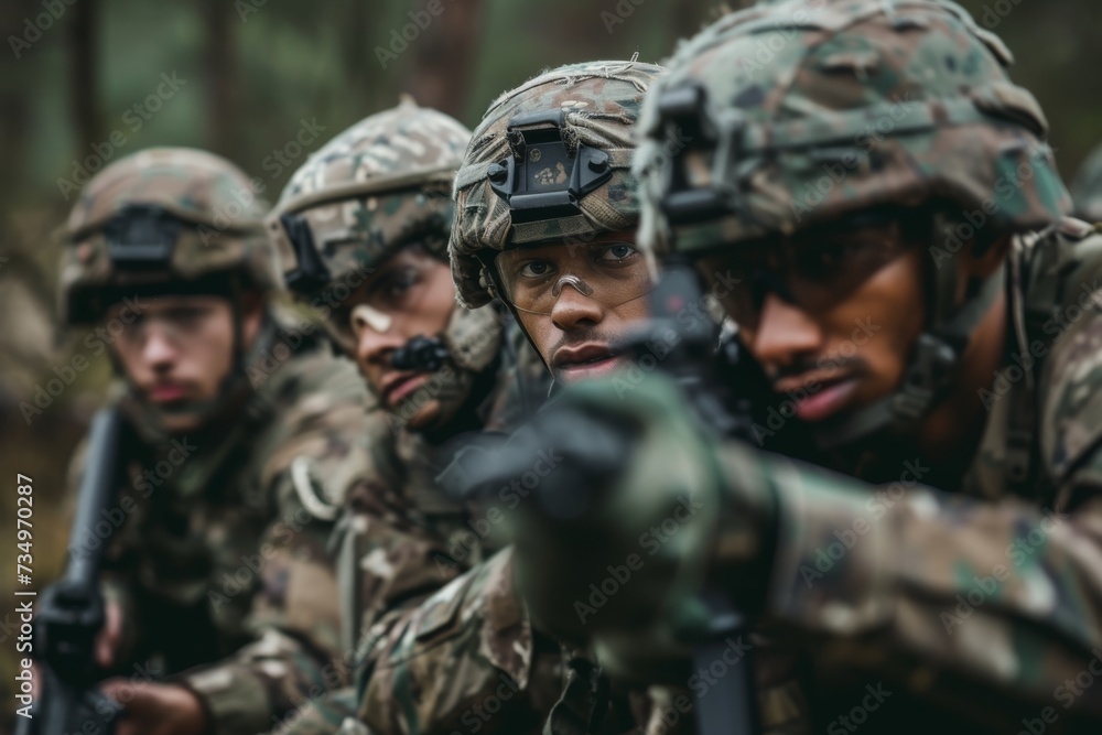 A group of diverse Army soldiers in camouflage, working together on a tactical exercise, showcasing teamwork and dedication.