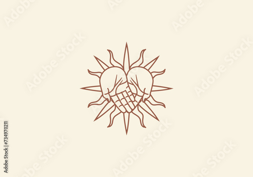 Logo Line Open Hand Looking Up or Asking or Pray With Sun concept, Sunshine, Spiritual Logo Concept. Boho, Line, handrawn logo design, editable color