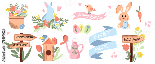 Easter collection of flowers, eggs, bunny, ribbons, basket, birdhouse and direction signs. Handdrawn vector set with texture.