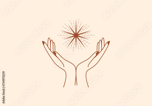 Logo Line Open Hand Looking Up or Asking or Pray With Spiritual concept, Stars, Spiritual Logo Concept. Boho, Line, handrawn logo design, editable color
