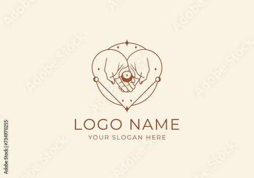Logo Line Open Hand Looking Up or Asking or Pray With Moon concept. Stars, Moon and Spiritual Logo Concept. Boho, Line, handrawn logo design, editable color