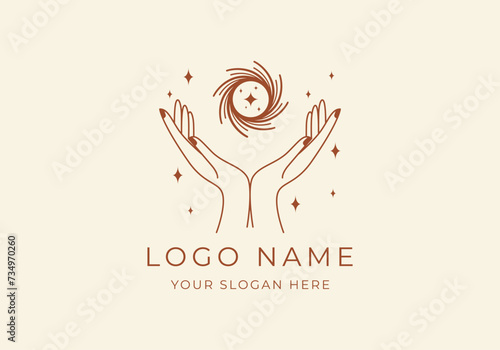 Logo Line Open Hand Looking Up or Asking or Pray With Spiral concept, Hole, Spiral Logo Concept. Boho, Line, handrawn logo design, editable color