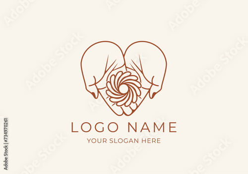 Logo Line Open Hand Looking Up or Asking or Pray With Spiral concept, Hole, Spiral Logo Concept. Boho, Line, handrawn logo design, editable color photo
