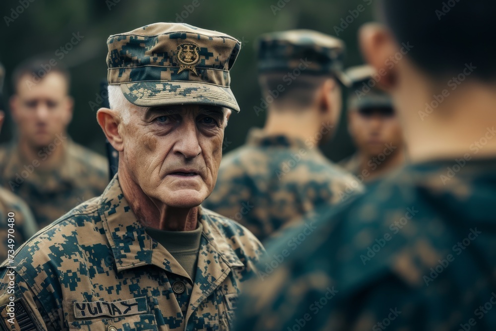 A mature Marine in uniform, sharing his experiences with younger recruits, reflecting the blend of ages in the armed forces.