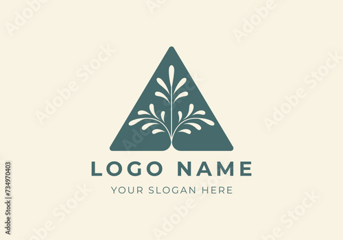 logo triangle with leaf. Nature, Botanical, modern, minimalist logo design. Editable color