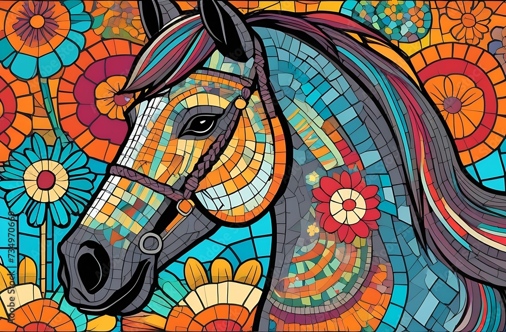 Illustration in stained glass style with the image of athe horse on a colorful background.