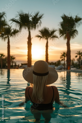 Blonde woman in a wide brim hat and black one piece swimsuit dipping feet into shimmering hotel pool lined with palm trees as the sun sets. © Adrian