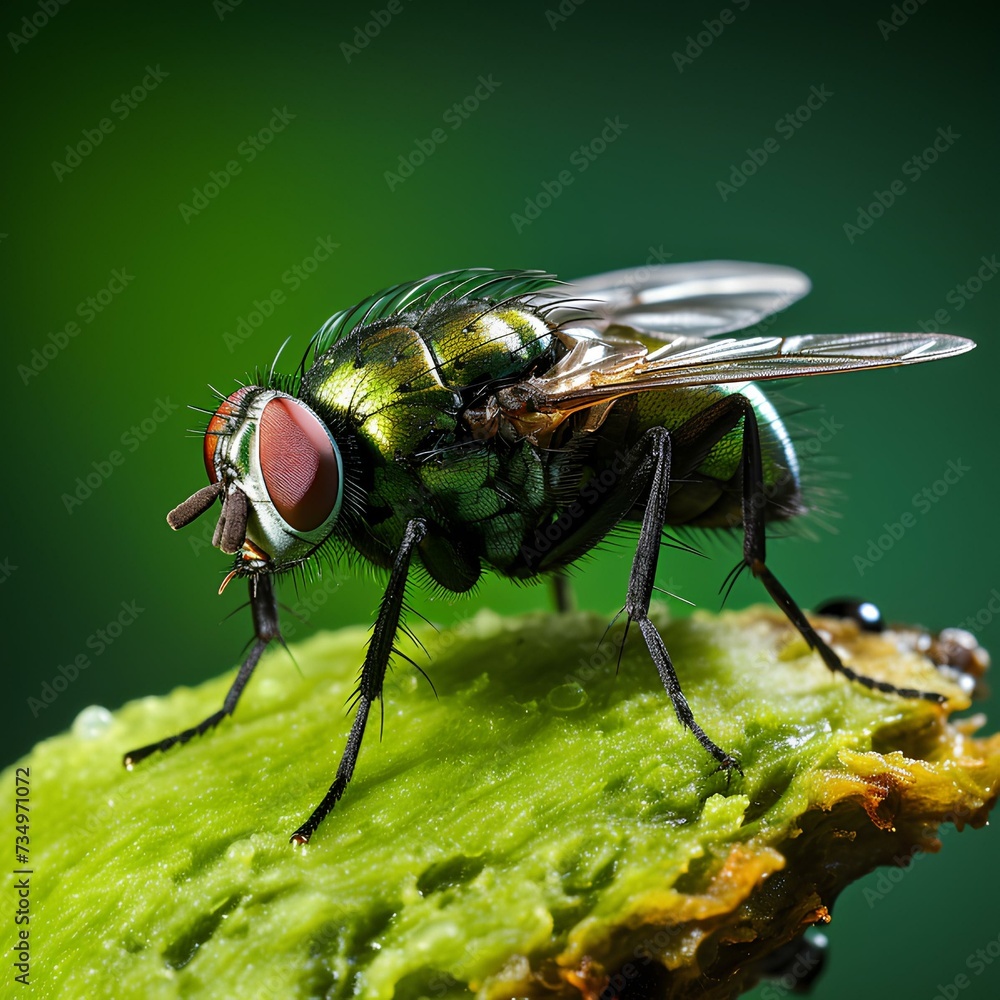 Close-up fly on green background, photo generated with AI Close-up fly on green background, photo generated with AI