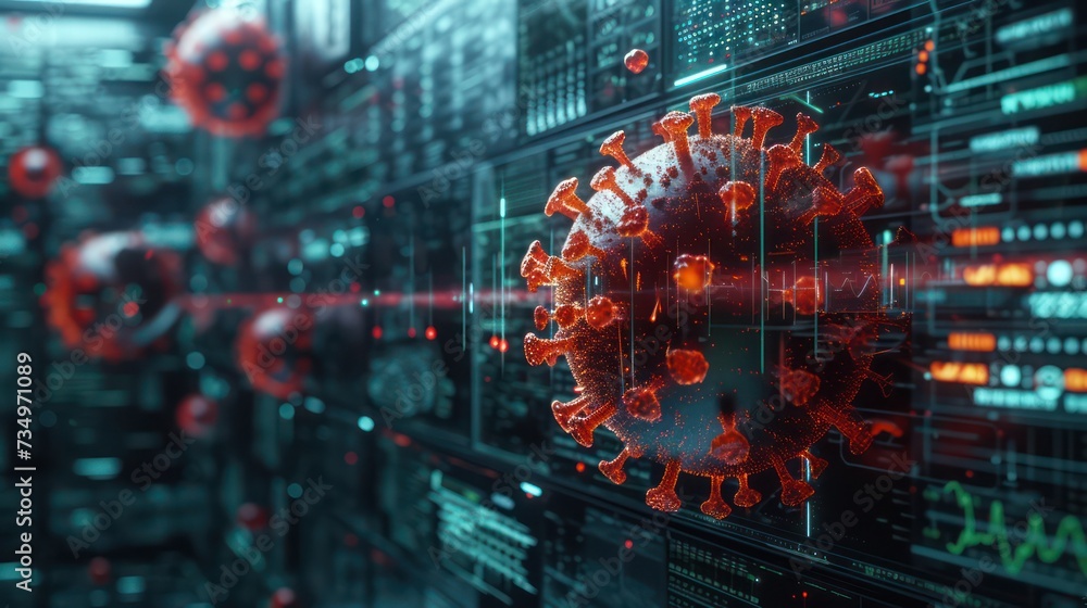Visualization of a cyber attack in progress with malware infiltrating a ...