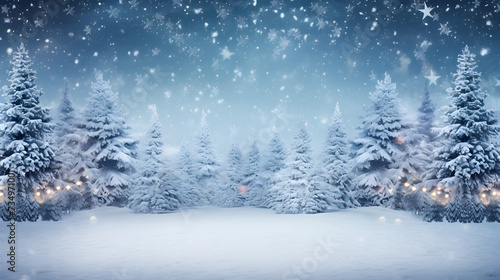Christmas winter background with snow and blurry bokeh,, Frosted spruce branches with bokeh christmas lights on snowy background ideal for text overlay © Zafar