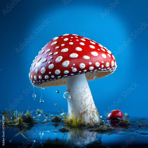 Fly agaric mushroom on blue background, AI generation. Mushroom