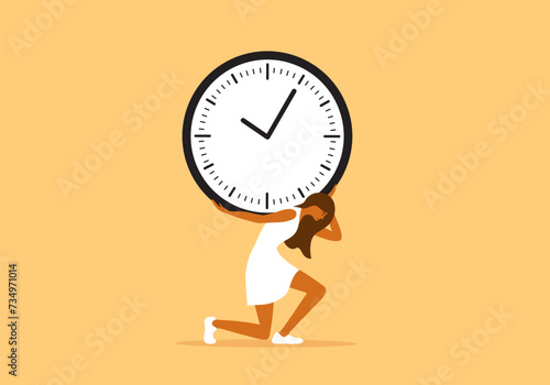 Woman carrying huge heavy clock on shoulders. Time pressure, work deadline, overworked. Mother or wife hard schedule, female hardwork. Girl lost time, fast life, overload, burnout vector illustration
