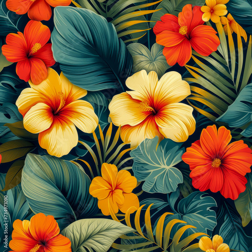 Wallpaper Mural Tropical rainforest leaves and flowers as background, ai generated Torontodigital.ca