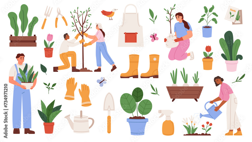 Gardening set with people, tools and plants