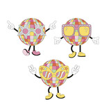Groovy style dancing disco ball in retro sunglasses vector illustration set isolated on white. 60s 70s 80s retro party elements print collection.