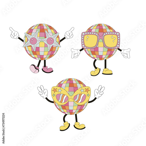 Groovy style dancing disco ball in retro sunglasses vector illustration set isolated on white. 60s 70s 80s retro party elements print collection.