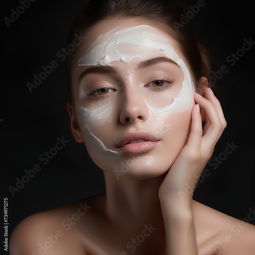 Beauty concept , pretty model applying cosmetic cream treatment on her face on white on black background . Skin folding. Photo generated with AI