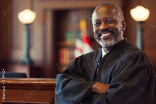 Smiling African American defense attorney standing arms crossed wearing judge's robe, looking straight into camera with eyebrows raised. photo