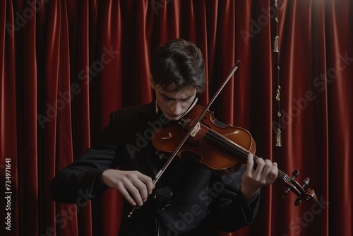 violinist tuning instrument, velvet curtains backdrop