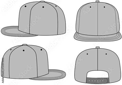 Set of snapback cap vector illustration. Caps mock up editable	 photo