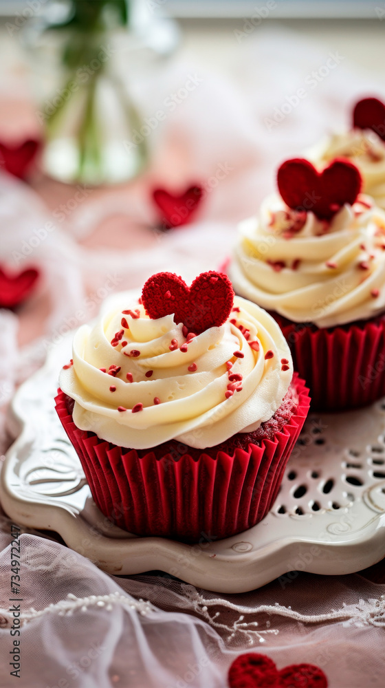 Close-up of red velvet cupcakes with creamy white frosting and a red heart topper, suggestive of love, on a lacy tablecloth.