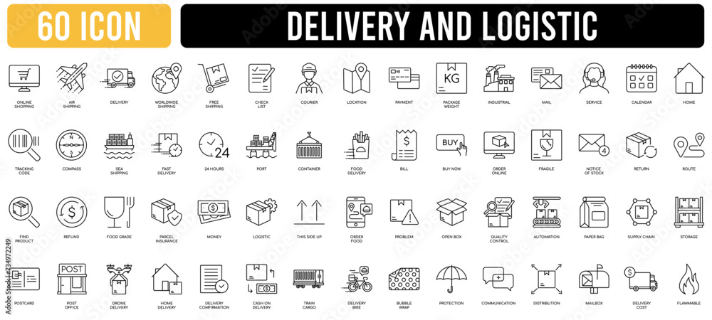 Logistics icon set. Shipping, transportation, delivery, cargo, freight, route planning, export and import icon. Vector illustration