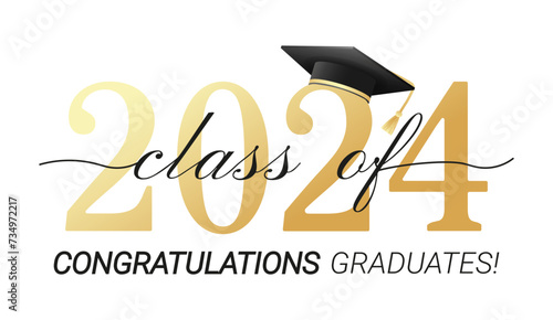Class of 2024. Congratulations graduates with black and gold design isolated on white background for banner, greeting card, stamp, logo, print, invitation.Graduation event concept. Vector illustration