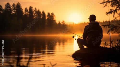 A young man is fishing on the lake at sunset. Summer  Hobbies and leisure concepts.