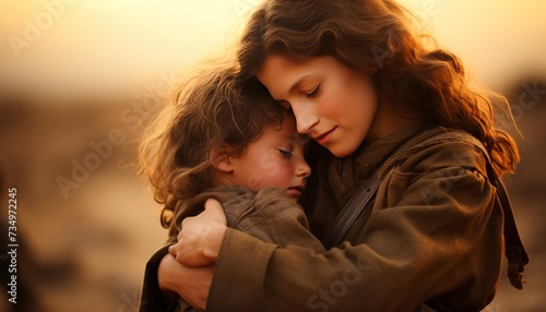 sandy light tones, hyper reolism, brunette Israeli woman in military uniform with a machine gun behind her back, hugging a child © Fox