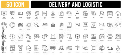 Fototapeta Naklejka Na Ścianę i Meble -  Logistics icon set. Shipping, transportation, delivery, cargo, freight, route planning, export and import icon. Vector illustration