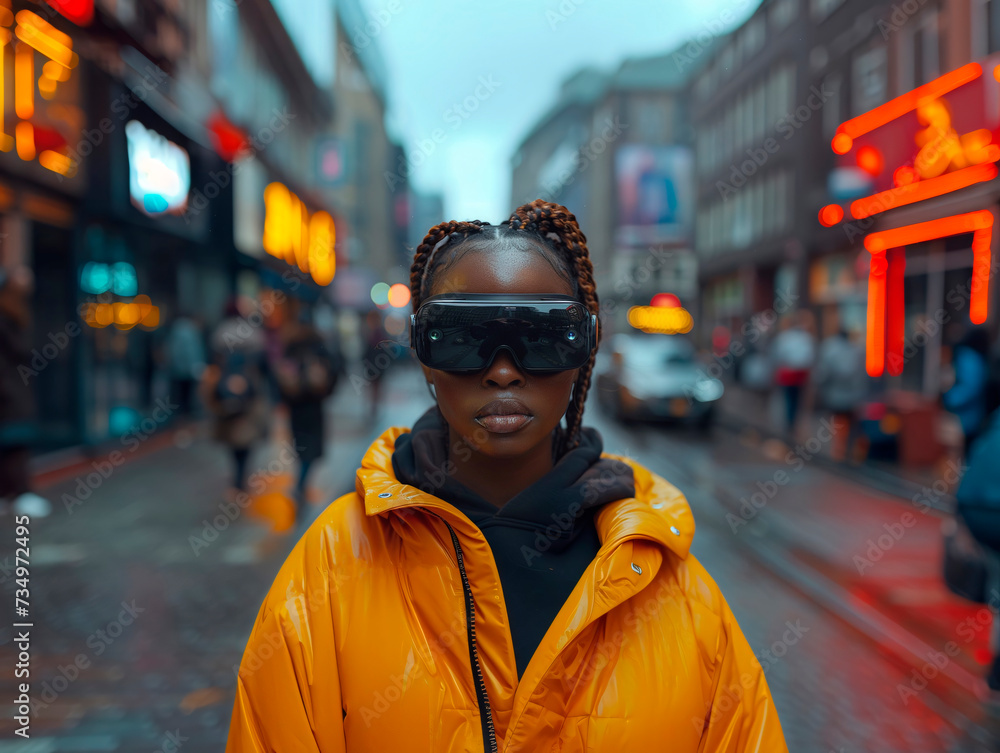 Dark-skinned girl wearing virtual reality goggles on a winter street in the city. Generative AI Dark-skinned girl wearing virtual reality goggles on a winter street in the city. Generative AI