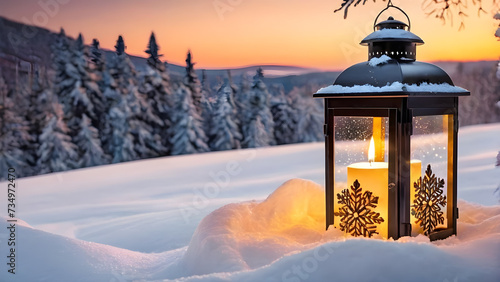 candlelight lantern decoration on snowy winter landscape with snow flakes falling during winter
