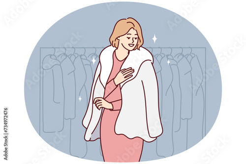 Successful woman trying on natural fur coat stands in winter outerwear store. Blond-haired lady located near rack with jackets choosing right thing for own wardrobe. Flat vector illustration