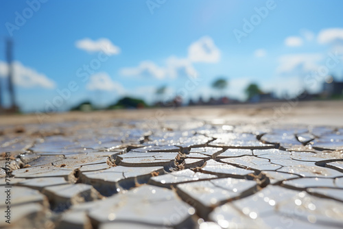 Dry cracked ground texture with blue sky background, Global warming concept