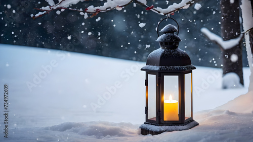  candlelight lantern decoration on snowy winter landscape with snow flakes falling during winter © Mohana