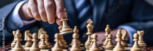 Person playing chess board game, business man concept image holding chess pieces like business competition and risk management, planning business strategies to defeat business competitors photo