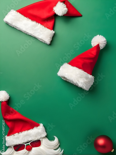 greeting card invitation or flyer Santa hat beard and glasses on green background top view. Santa claus hat on christmas tree