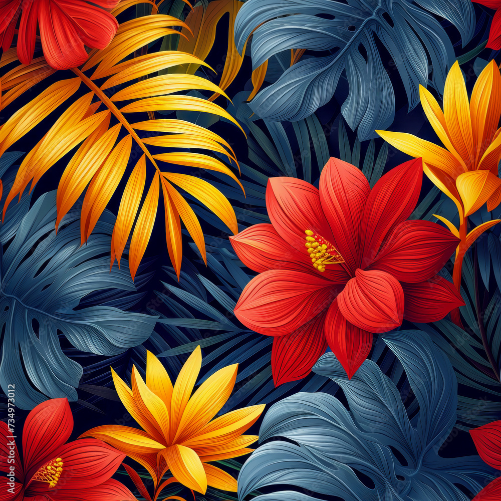 Tropical rainforest leaves and flowers as background, ai generated Tropical rainforest leaves and flowers as background, ai generated
