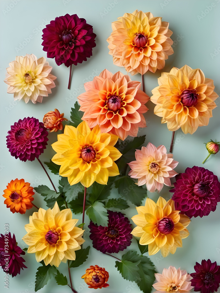 arrangement of beautiful autumn dahlia flowers on a pastel background top view arrangement of beautiful autumn dahlia flowers on a pastel background top view