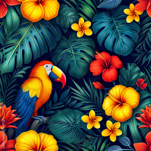 Tropical rainforest with animals as background, ai generated © Dominique