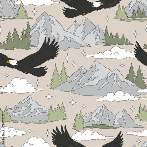 Retro groovy summer mountains landscape with american bald eagle flying in the sky vector seamless pattern. Wild nature mountainous terrain backdrop. Happy camper summer vacation outdoor recreation