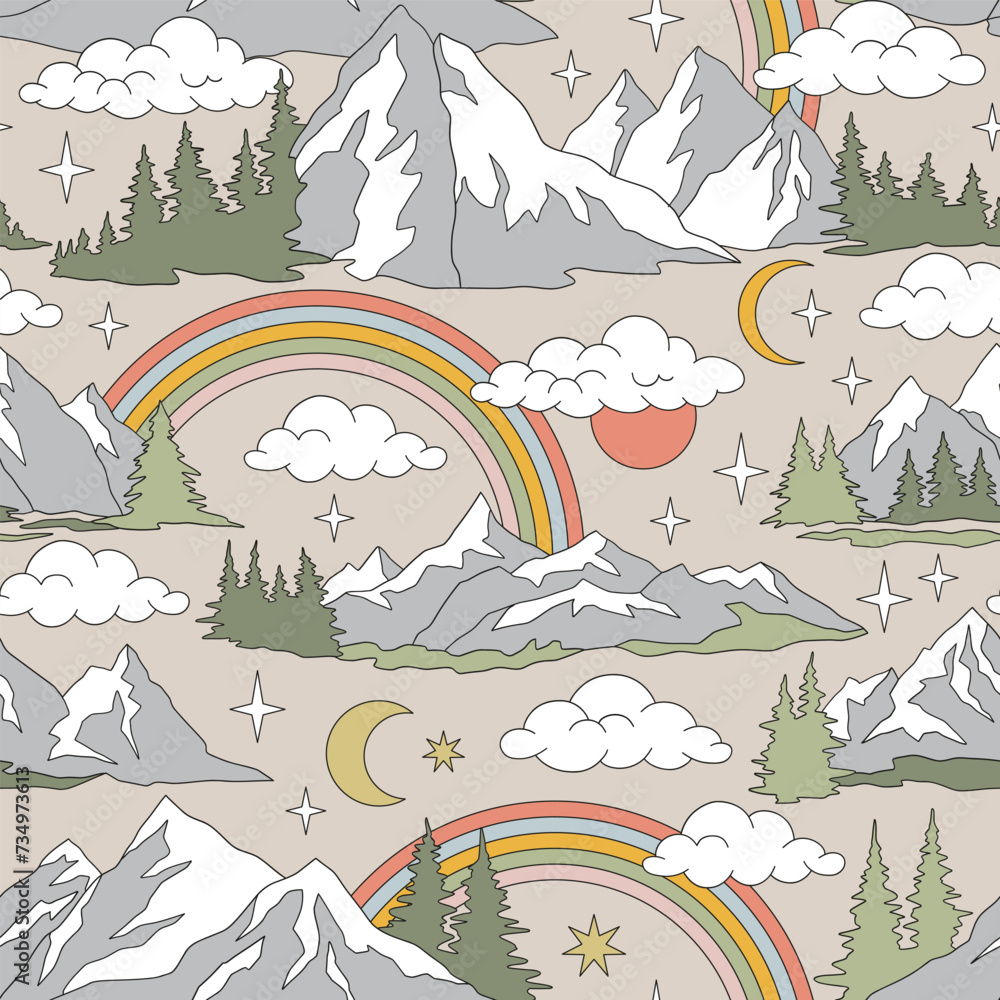 Retro groovy summer day and night mountains landscape vector seamless pattern. Mountain peaks, pine trees forest, rainbow, clouds, half moon, stars background. Wild nature mountainous terrain surface