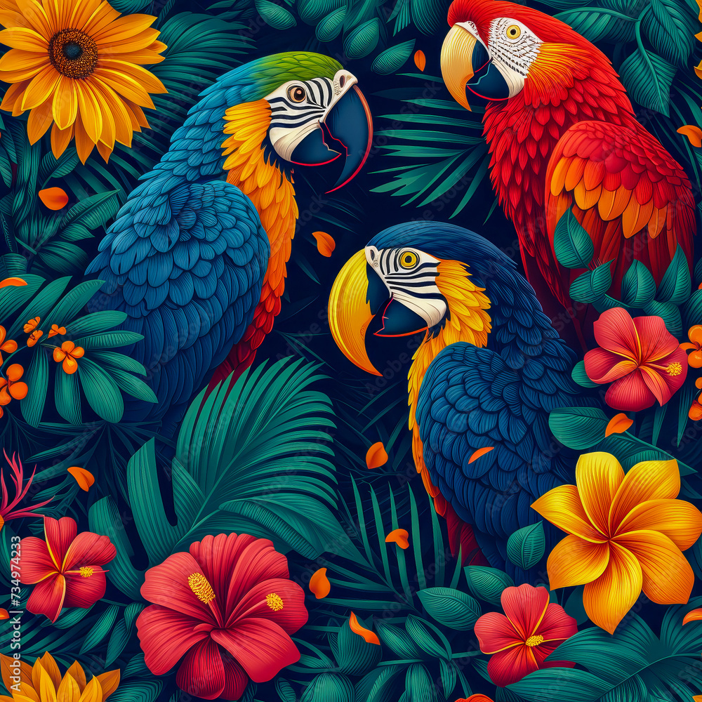 Fototapeta premium Tropical rainforest parrot as background, ai generated