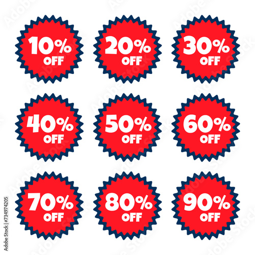 Special offer sale red and blue round tags set. Price labels for advertising campaign in retail. 10%,20%,30%,40%,50%,60%,70%,80%,90% off discount stickers.