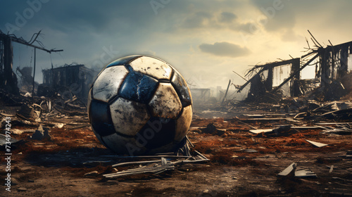 Football concept of ruins with abandoned soccer. © Anas